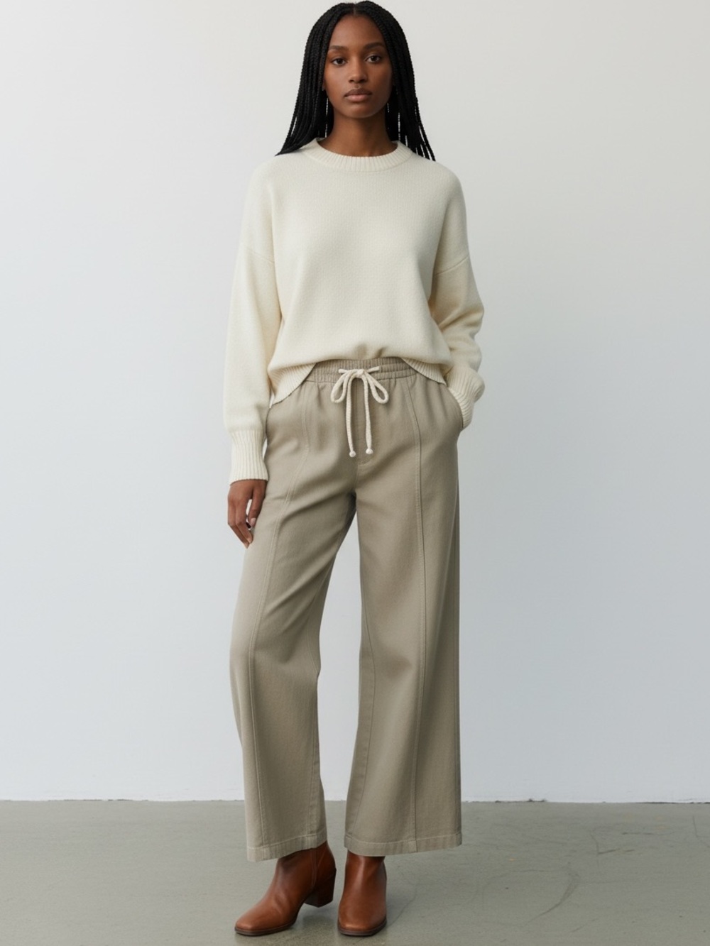 Light Khaki Tan Wide-Leg Drawstring Denim Pants ~ NWT ~ size Medium